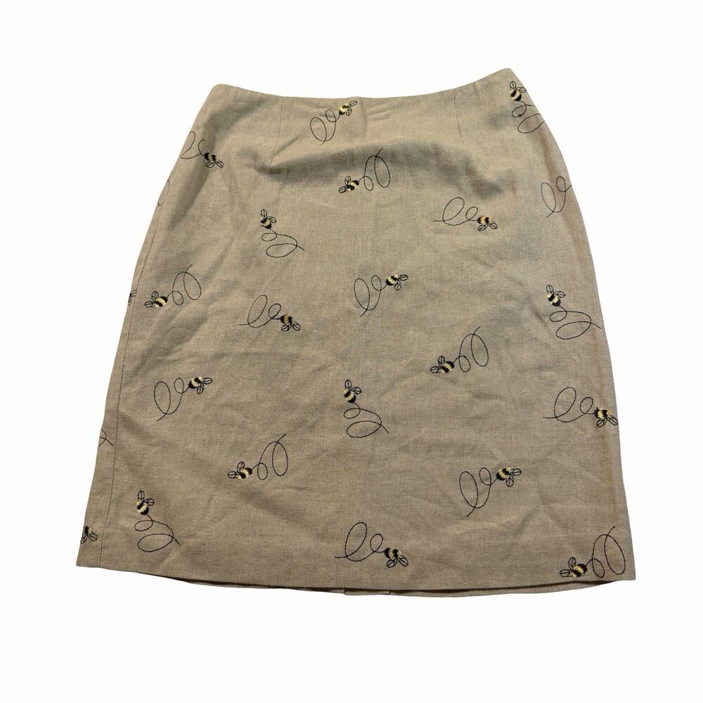 Talbots Skirt Women's 4 Tan Embroidered Bees Linen Blend A-line Knee Length